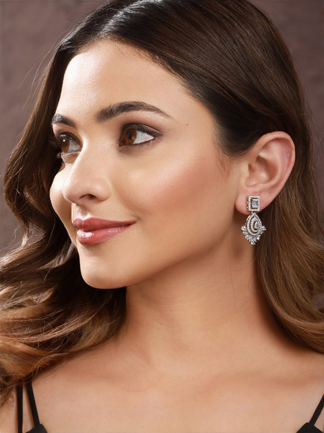 Silver Toned  CZ Studded Minimal Chandbali Earrings